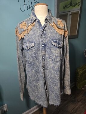Denim Fringe Western Shirt - Blue with Gold Embellishment